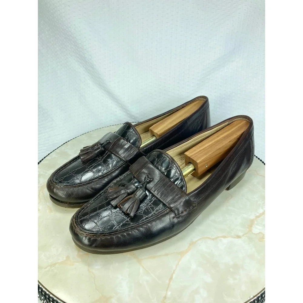 Bostonian Italian Leather Tassel Kiltie Loafers Mens 9 Brown Croc Embossed Shoes